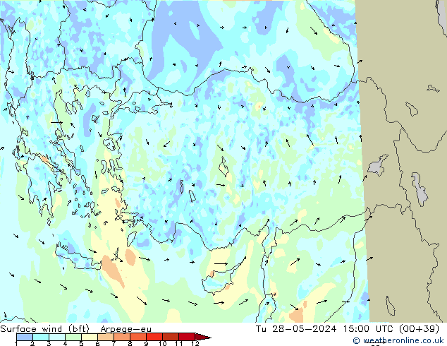 Surface wind (bft) Arpege-eu Tu 28.05.2024 15 UTC