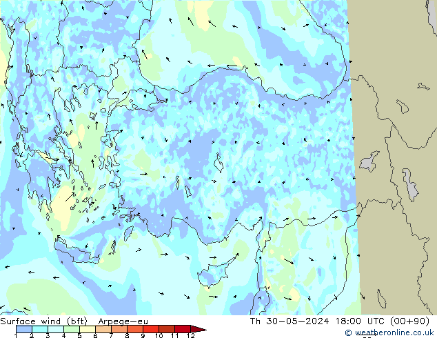 Viento 10 m (bft) Arpege-eu jue 30.05.2024 18 UTC