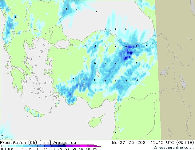 Precipitazione (6h) Arpege-eu lun 27.05.2024 18 UTC
