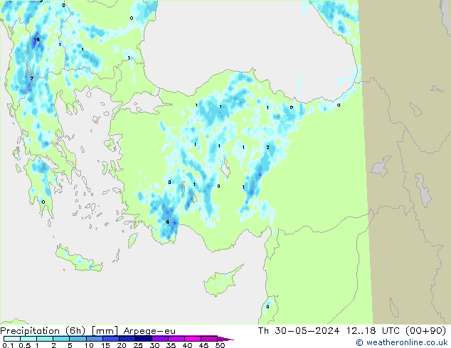 Precipitación (6h) Arpege-eu jue 30.05.2024 18 UTC