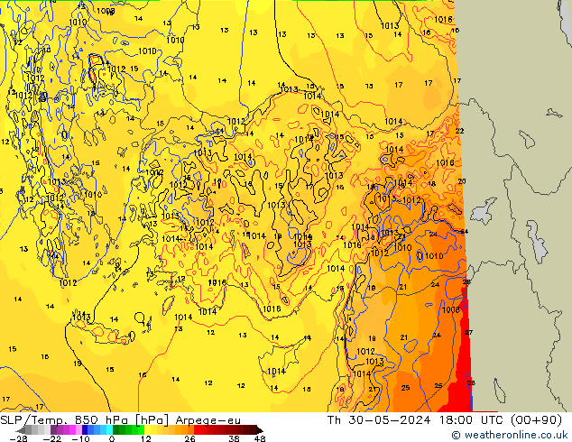 SLP/Temp. 850 hPa Arpege-eu jue 30.05.2024 18 UTC