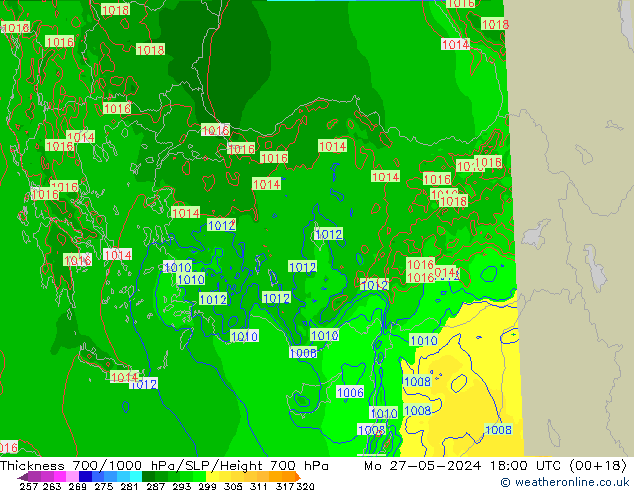 Thck 700-1000 hPa Arpege-eu Mo 27.05.2024 18 UTC