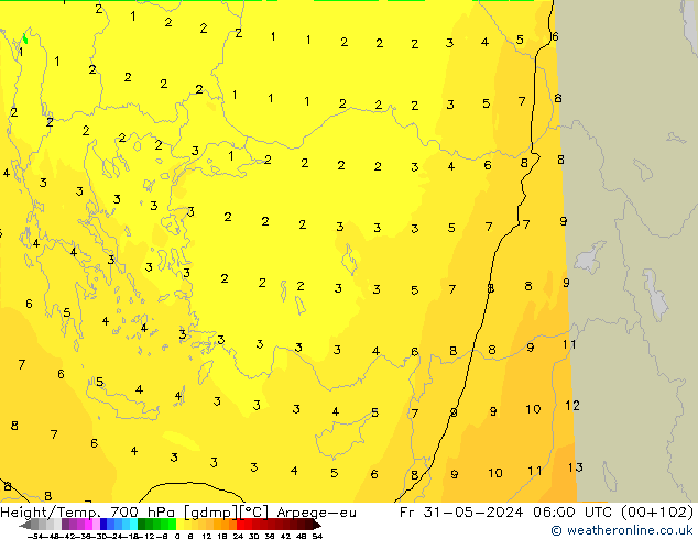 Height/Temp. 700 hPa Arpege-eu Sex 31.05.2024 06 UTC