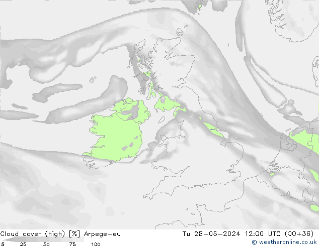 Cloud cover (high) Arpege-eu Tu 28.05.2024 12 UTC