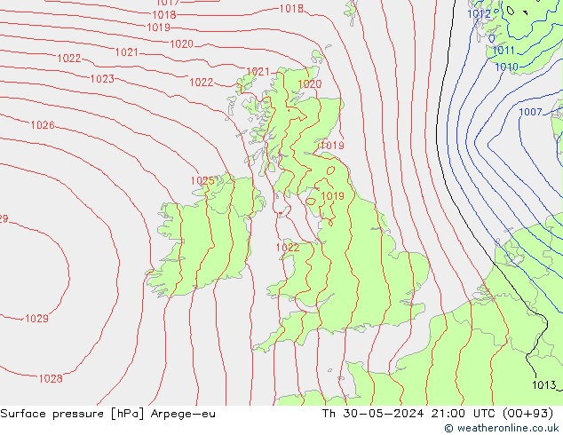 Surface pressure Arpege-eu Th 30.05.2024 21 UTC