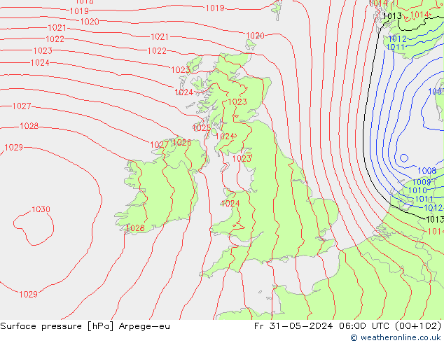 Atmosférický tlak Arpege-eu Pá 31.05.2024 06 UTC