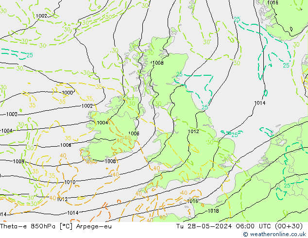 Theta-e 850hPa Arpege-eu wto. 28.05.2024 06 UTC