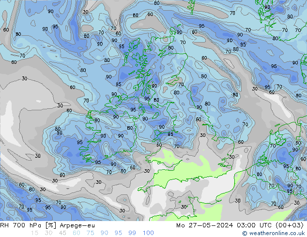 RH 700 hPa Arpege-eu Mo 27.05.2024 03 UTC