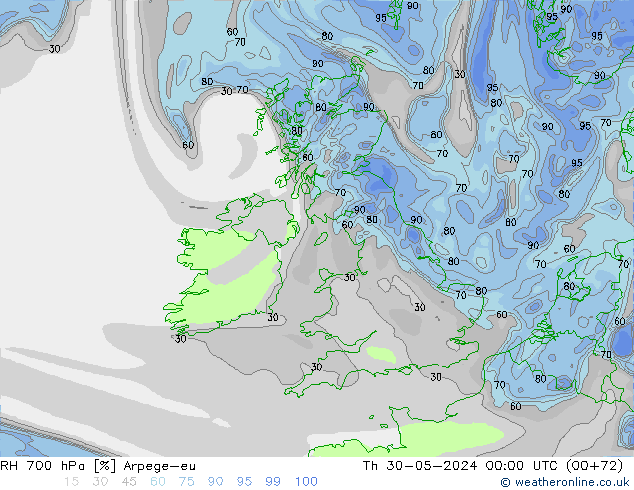 RH 700 hPa Arpege-eu  30.05.2024 00 UTC