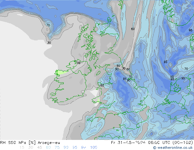 RH 850 hPa Arpege-eu Fr 31.05.2024 06 UTC