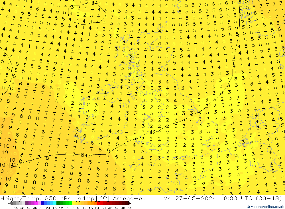 Yükseklik/Sıc. 850 hPa Arpege-eu Pzt 27.05.2024 18 UTC