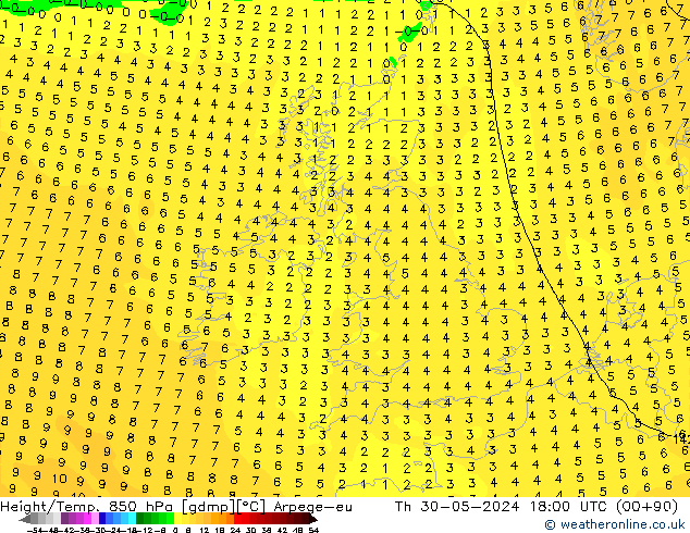 Height/Temp. 850 hPa Arpege-eu Th 30.05.2024 18 UTC