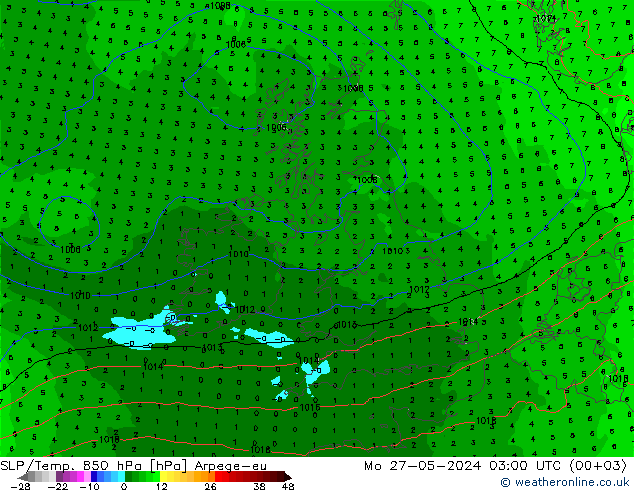 SLP/Temp. 850 hPa Arpege-eu Mo 27.05.2024 03 UTC