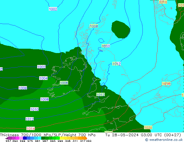 Thck 700-1000 hPa Arpege-eu mar 28.05.2024 03 UTC