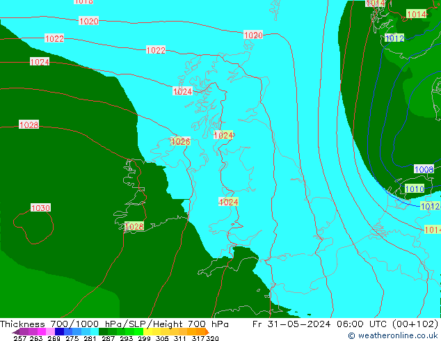 Thck 700-1000 hPa Arpege-eu  31.05.2024 06 UTC