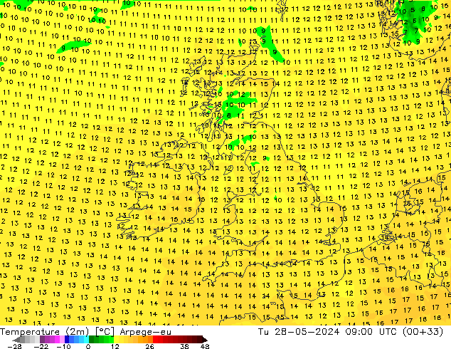 Temperatura (2m) Arpege-eu mar 28.05.2024 09 UTC