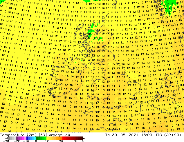 mapa temperatury (2m) Arpege-eu czw. 30.05.2024 18 UTC