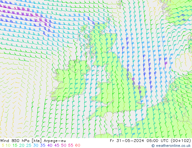 Wind 850 hPa Arpege-eu vr 31.05.2024 06 UTC