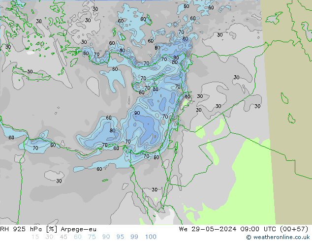 RH 925 гПа Arpege-eu ср 29.05.2024 09 UTC