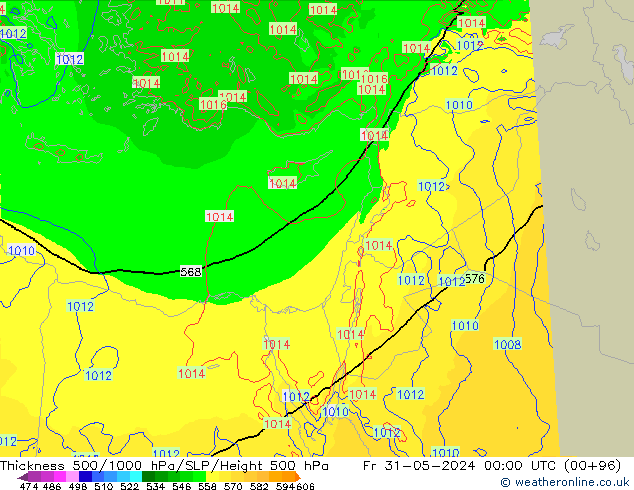 Espesor 500-1000 hPa Arpege-eu vie 31.05.2024 00 UTC