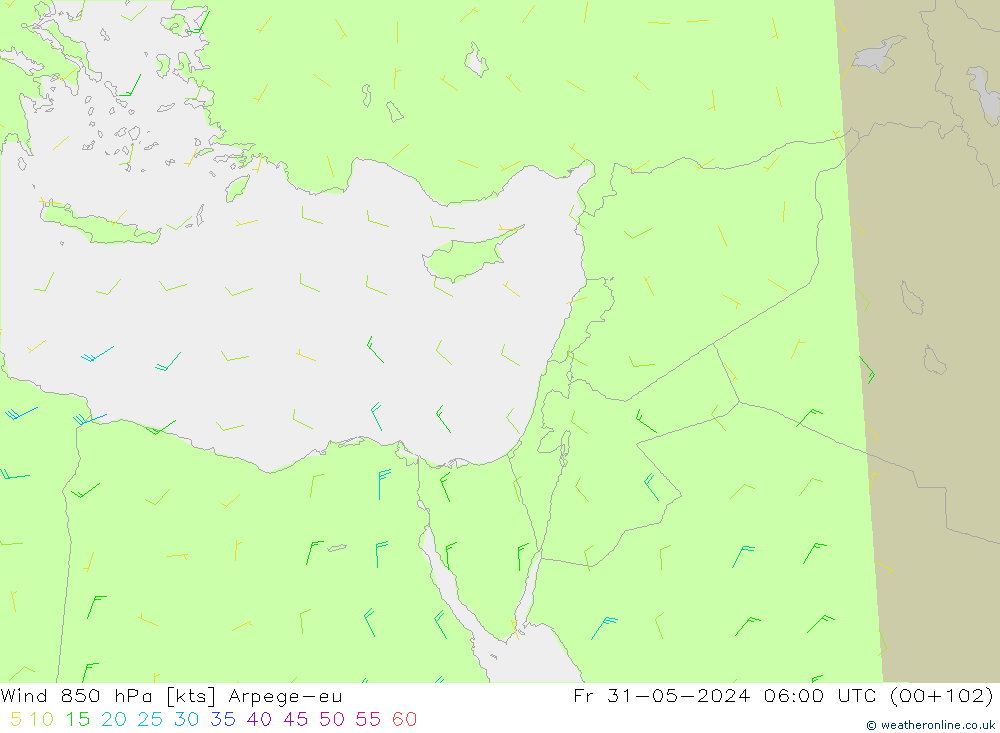 Vento 850 hPa Arpege-eu Sex 31.05.2024 06 UTC