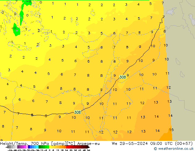 Hoogte/Temp. 700 hPa Arpege-eu wo 29.05.2024 09 UTC