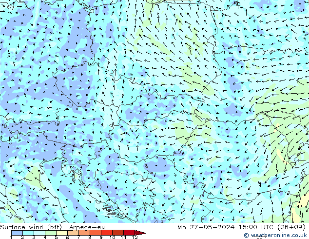 Surface wind (bft) Arpege-eu Mo 27.05.2024 15 UTC