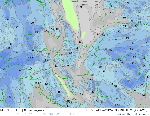 RH 700 hPa Arpege-eu Tu 28.05.2024 03 UTC