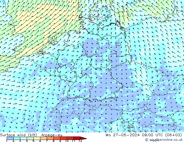 Surface wind (bft) Arpege-eu Mo 27.05.2024 09 UTC