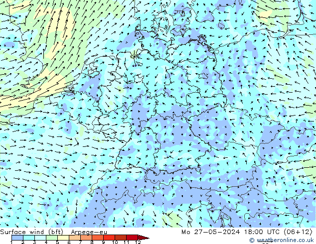 Surface wind (bft) Arpege-eu Po 27.05.2024 18 UTC