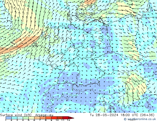 Viento 10 m (bft) Arpege-eu mar 28.05.2024 18 UTC