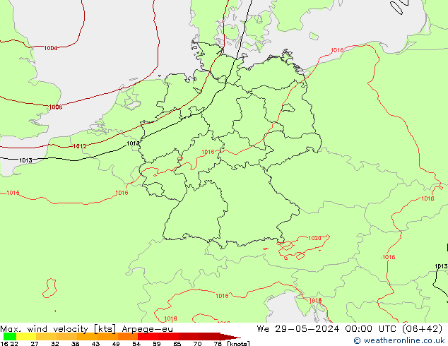 Max. wind velocity Arpege-eu mer 29.05.2024 00 UTC