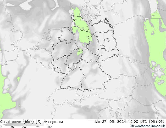 Cloud cover (high) Arpege-eu Mo 27.05.2024 12 UTC