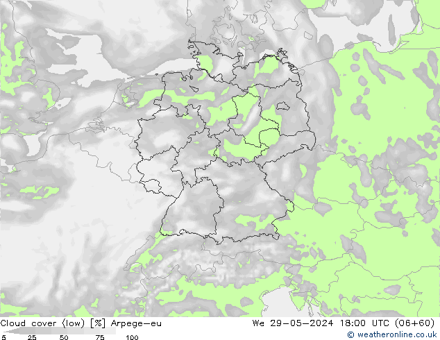 Cloud cover (low) Arpege-eu We 29.05.2024 18 UTC