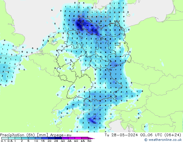 Yağış (6h) Arpege-eu Sa 28.05.2024 06 UTC