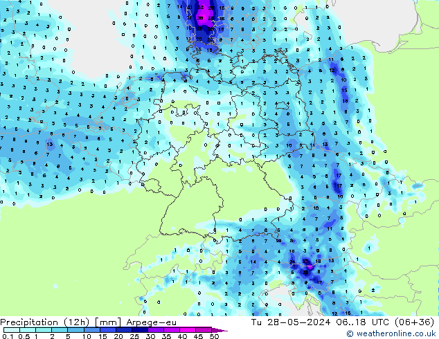 Precipitation (12h) Arpege-eu Tu 28.05.2024 18 UTC