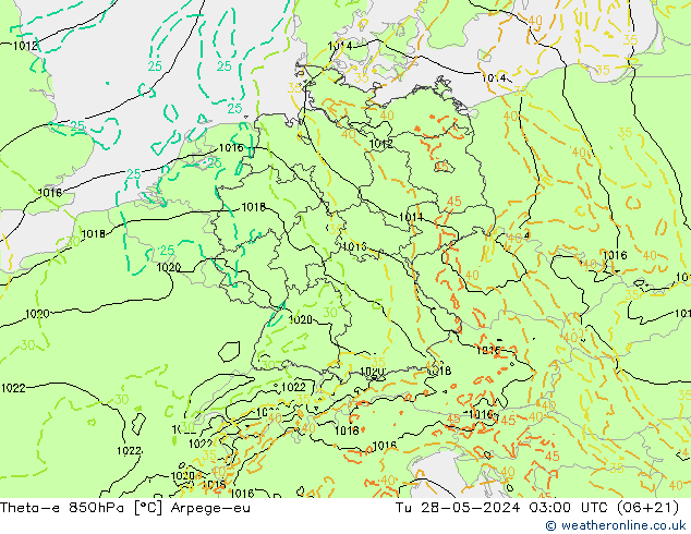 Theta-e 850hPa Arpege-eu mar 28.05.2024 03 UTC