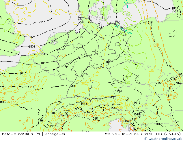 Theta-e 850hPa Arpege-eu mer 29.05.2024 03 UTC