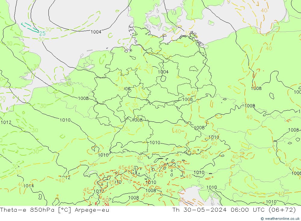 Theta-e 850hPa Arpege-eu Čt 30.05.2024 06 UTC