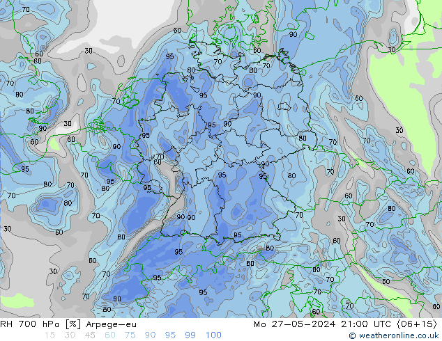 RH 700 hPa Arpege-eu Mo 27.05.2024 21 UTC