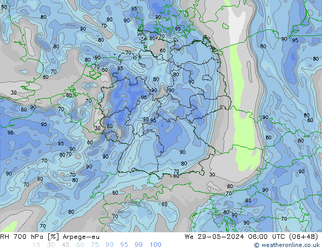 RH 700 hPa Arpege-eu mer 29.05.2024 06 UTC