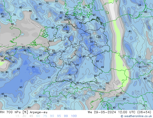 Humedad rel. 700hPa Arpege-eu mié 29.05.2024 12 UTC