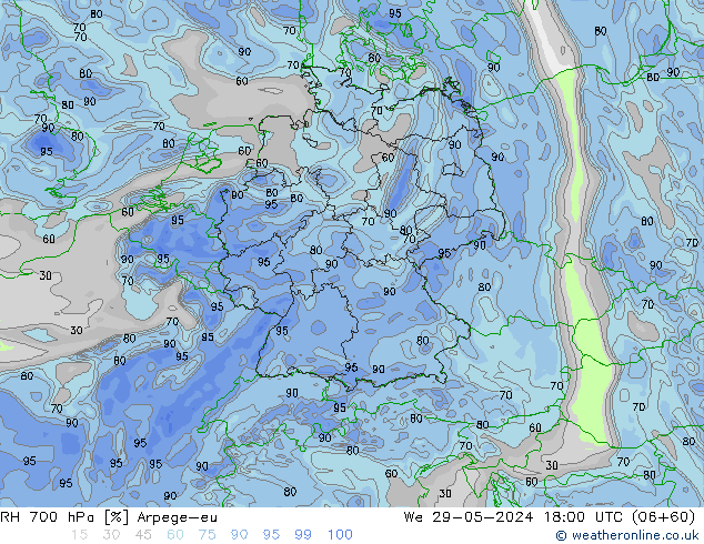 RH 700 hPa Arpege-eu We 29.05.2024 18 UTC