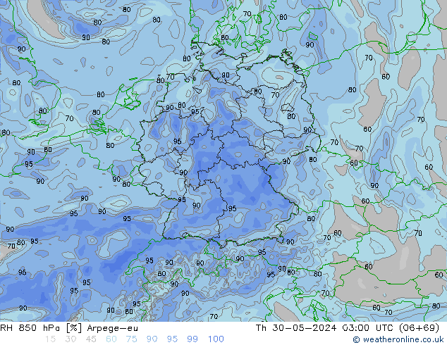 RH 850 hPa Arpege-eu Th 30.05.2024 03 UTC