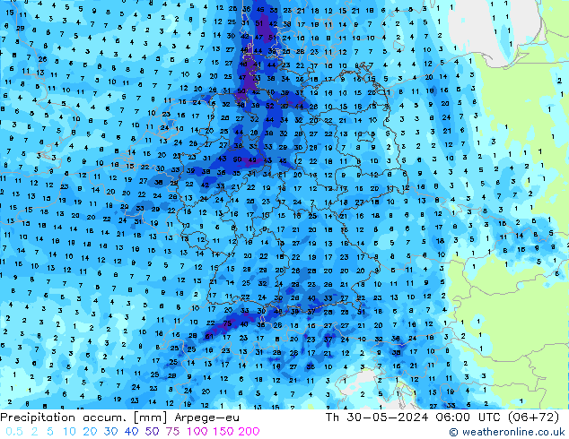 Totale neerslag Arpege-eu do 30.05.2024 06 UTC