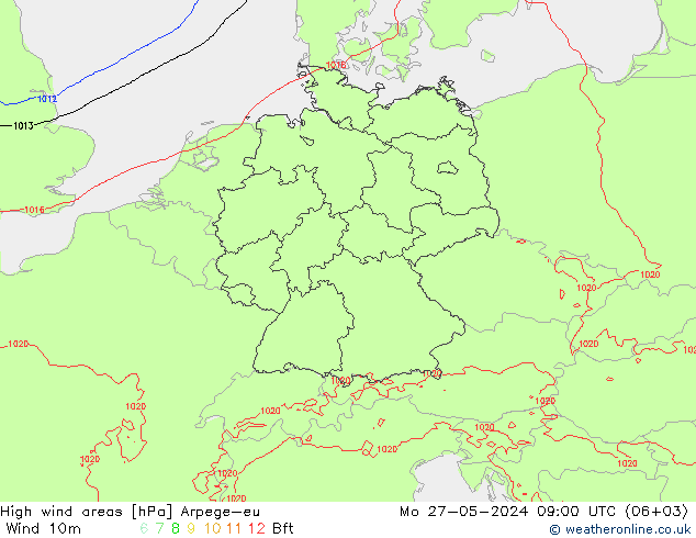 High wind areas Arpege-eu Mo 27.05.2024 09 UTC