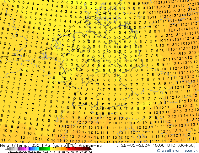 Height/Temp. 850 hPa Arpege-eu Út 28.05.2024 18 UTC