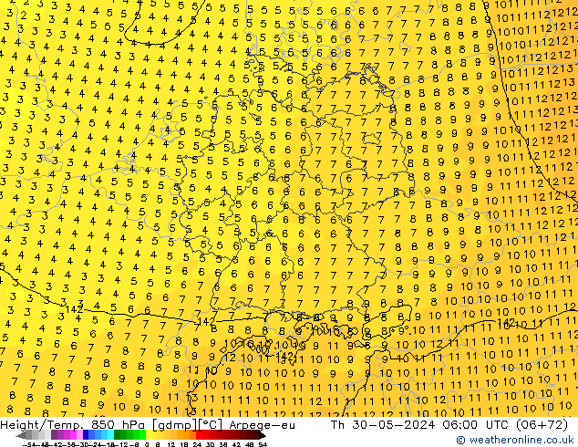 Height/Temp. 850 hPa Arpege-eu Čt 30.05.2024 06 UTC