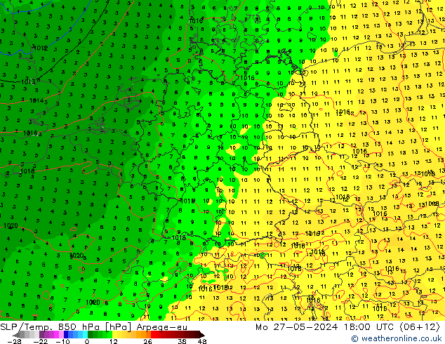 850 hPa Yer Bas./Sıc Arpege-eu Pzt 27.05.2024 18 UTC