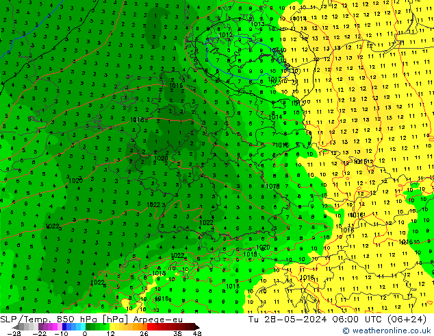 SLP/Temp. 850 hPa Arpege-eu Di 28.05.2024 06 UTC